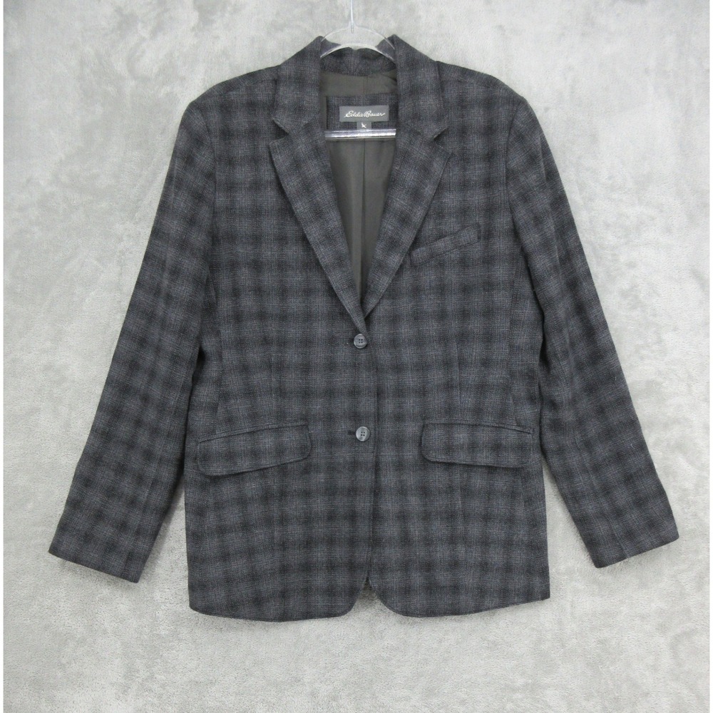 Eddie Bauer Blazer Womens Size 16 Plaid Wool Button Preppy Academia Office Grey